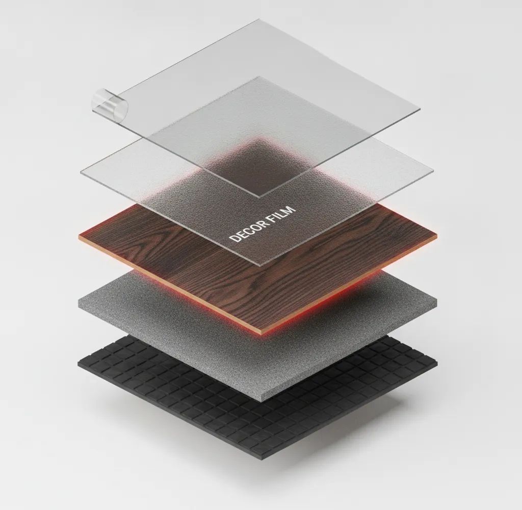 Exploded 3D view of the five flooring layers